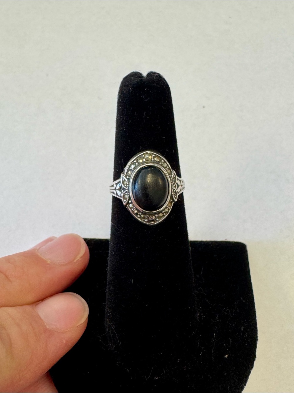 Sterling Silver Black Onyx Marcasite Oval Ring